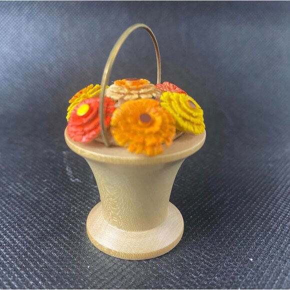 Vintage Germany Wooden Miniature Flower Basket With Colorful Floral Accents - Picture 5 of 5